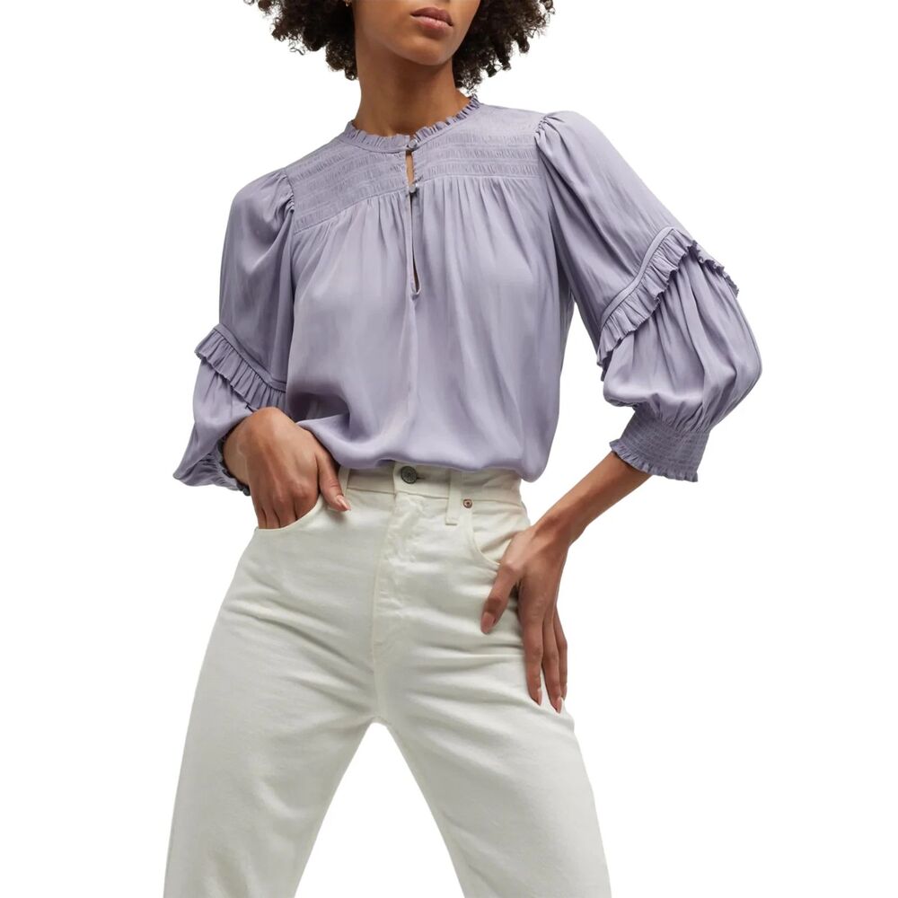 NWT Ramy Brook Zmora Smocked Ruffle Blouse Purple Lavender Small